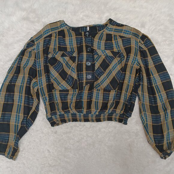Free People Women's Its the Good Life Plaid Crop Top Long Sleeve Buttons - Picture 2 of 8